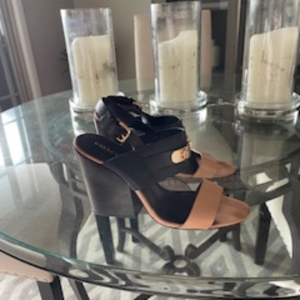 Beige and Black Wedged Heels - Worn; Brand:Coach